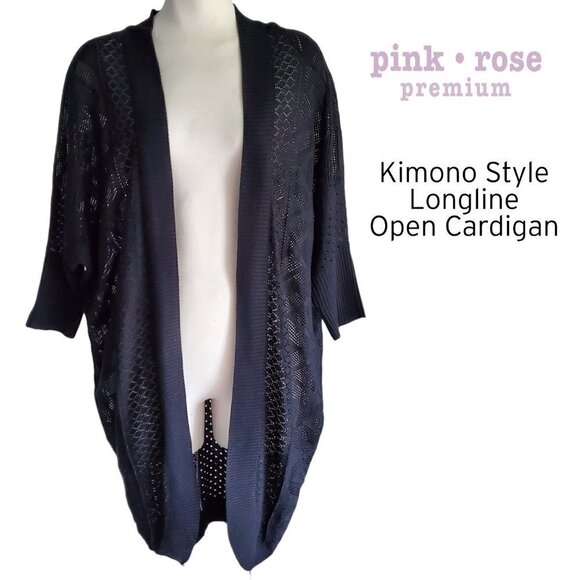 Longline Kimono Style Sleeve Open Cardigan Open Weave Black Size S - Picture 1 of 16